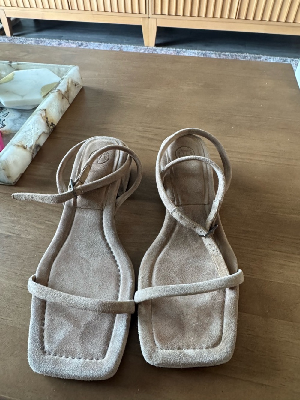Massimo Dutti Tan Suede Square-Toe Strappy Sandals